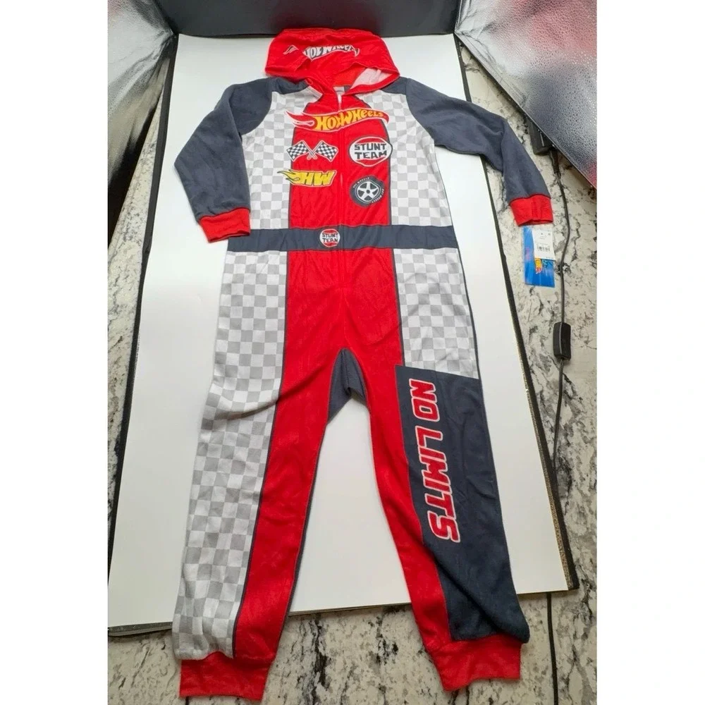 NEW boys size small (6/7) Hot Wheels onesie fleece footless hooded pajamas.